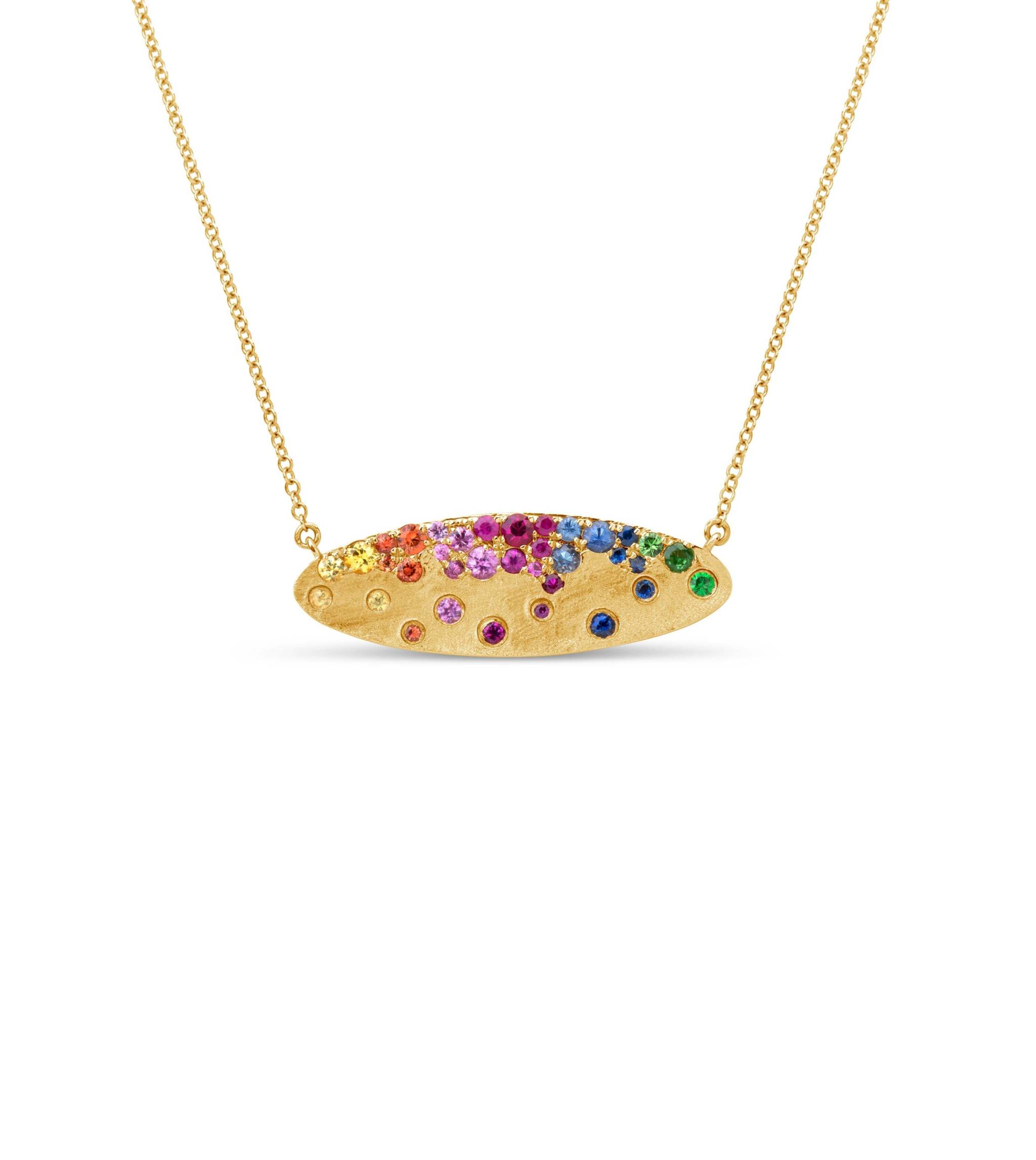 Scattered Rainbow Oval Pendant Necklace in 14k yellow gold with rainbow sapphires and tsavorites on a brushed satin finish and adjustable 18-inch chain