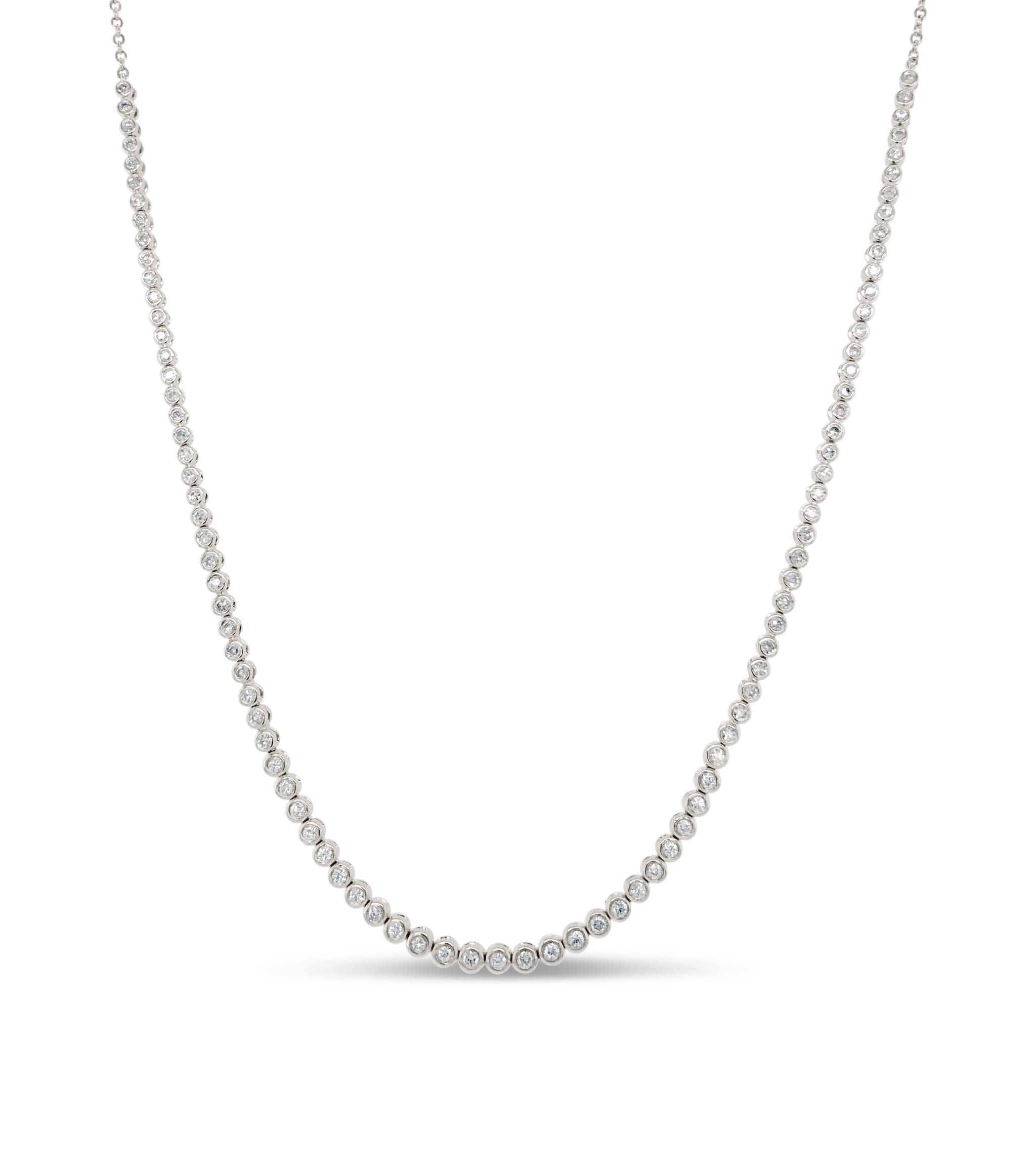 18" Diamond Bezel Tennis Necklace with 14k metal and 0.62cts diamonds in a 7.5" long bezel setting