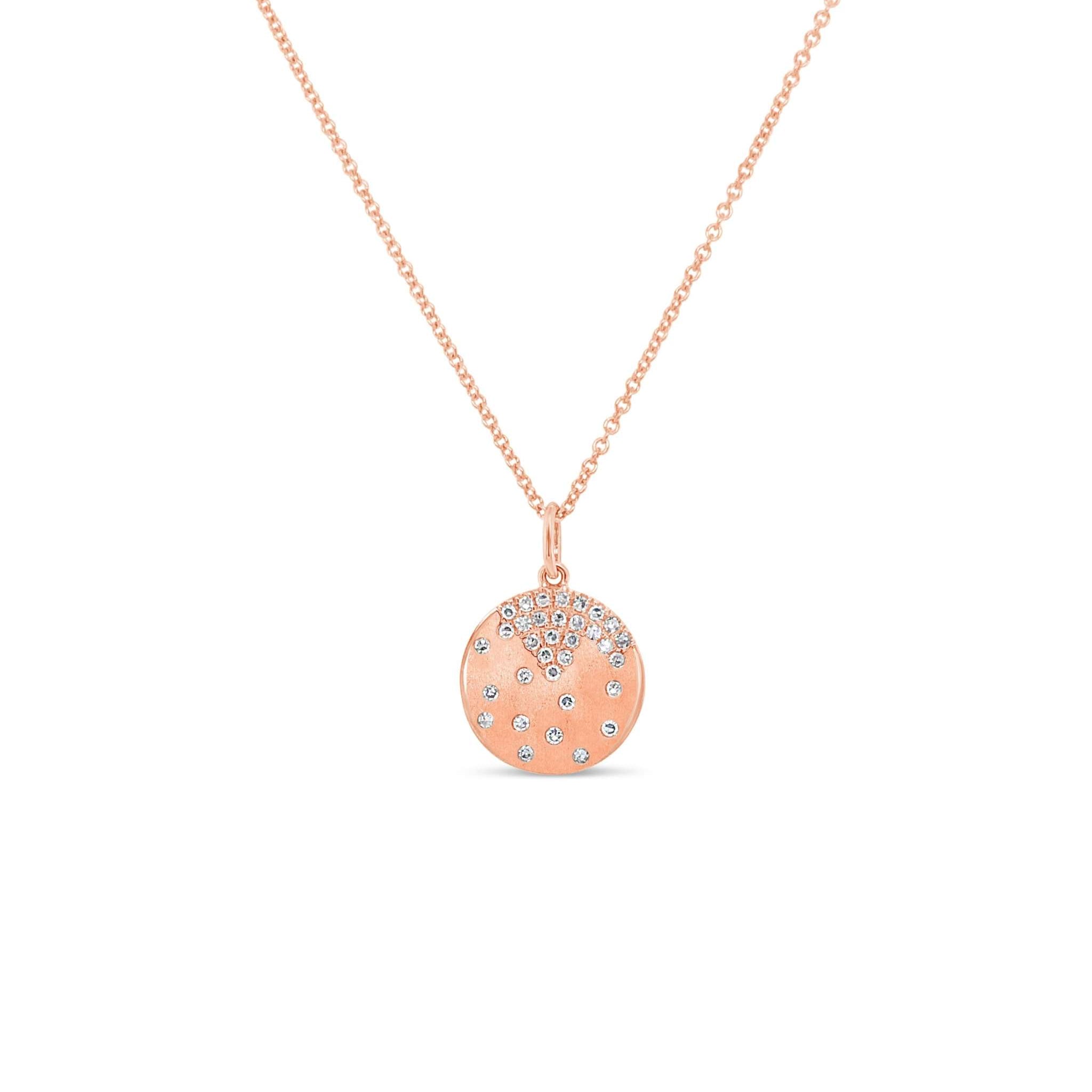 14K gold scattered diamond disc pendant necklace with brushed satin finish on adjustable chain