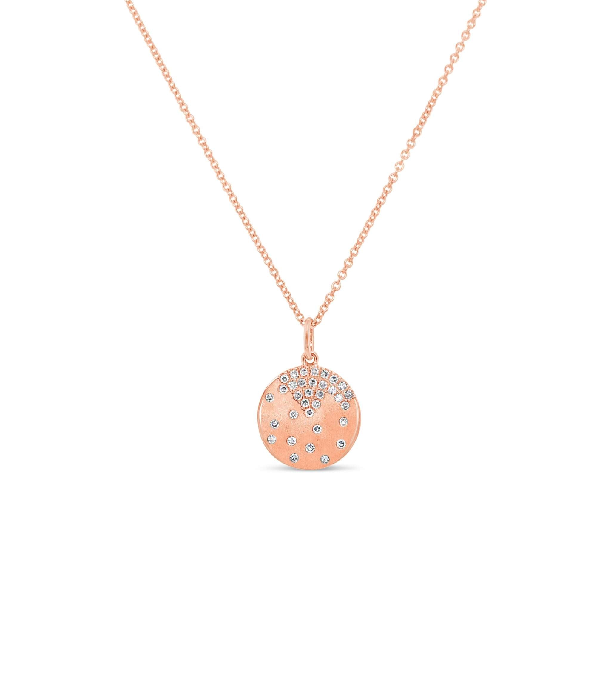 14K gold scattered diamond disc pendant necklace with brushed satin finish on adjustable chain