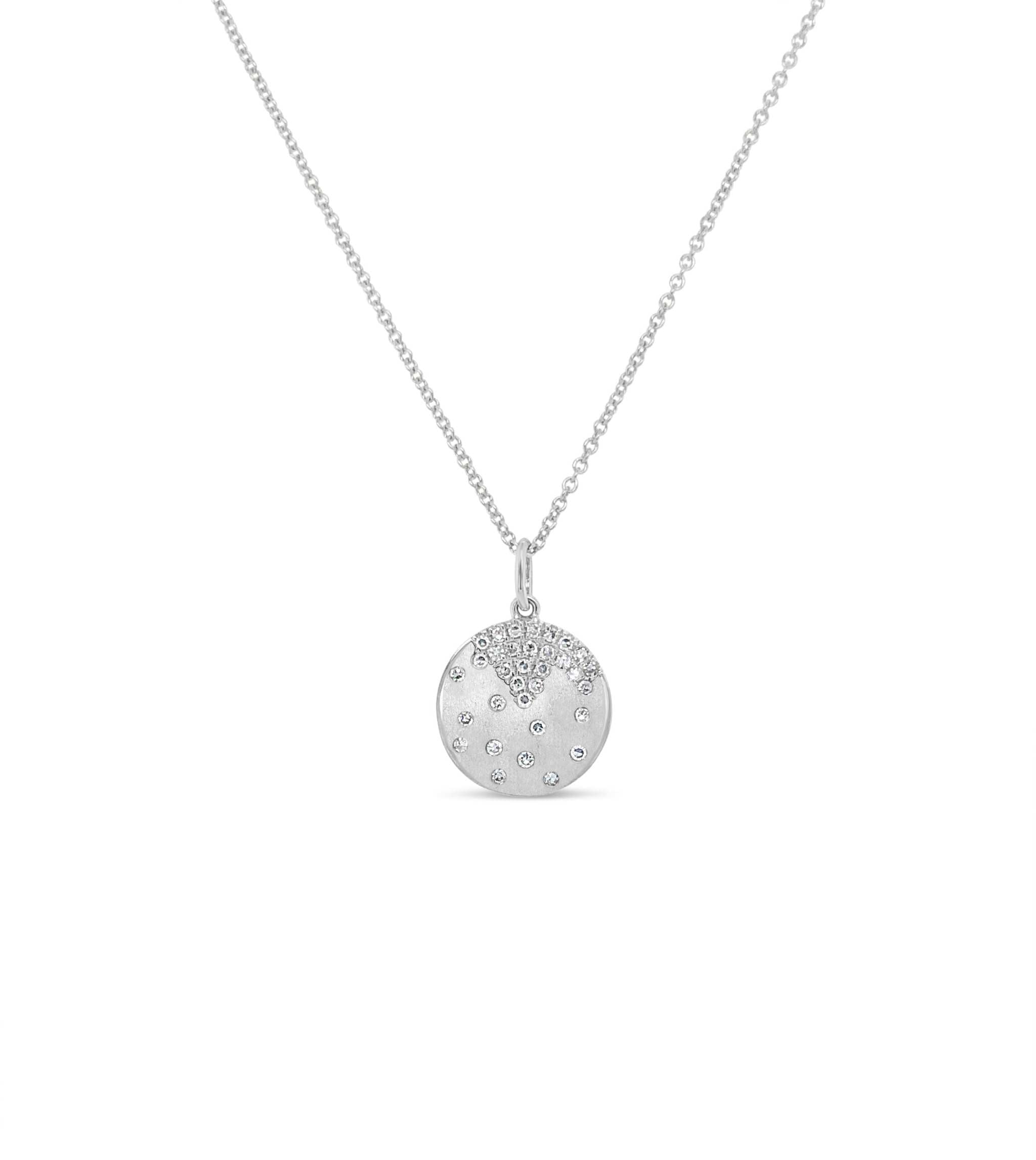 Scattered Diamond Disc Pendant Necklace in 14K gold with brushed satin finish and natural round brilliant diamonds on adjustable chain