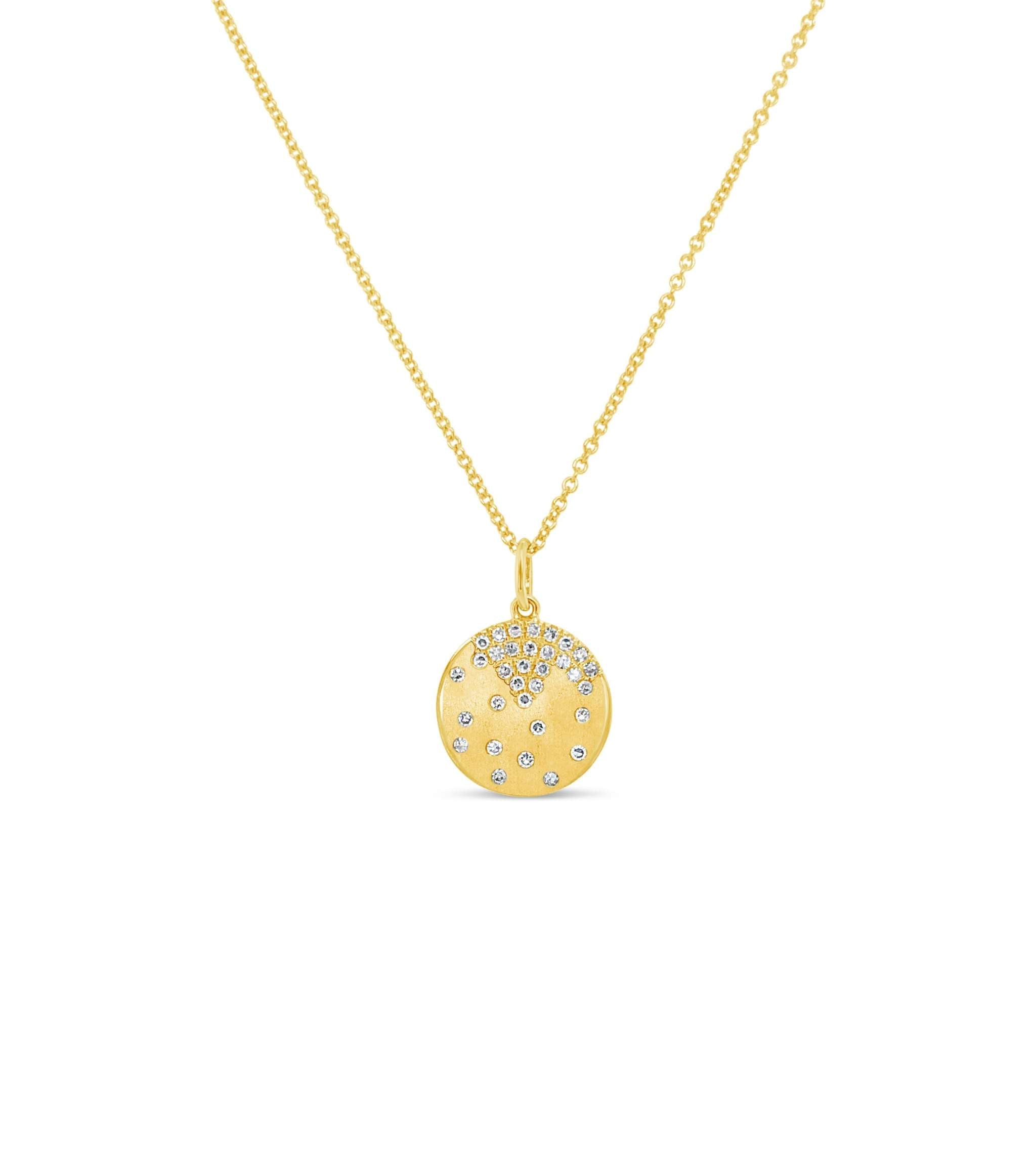 14K gold scattered diamond disc pendant necklace with brushed satin finish on adjustable chain