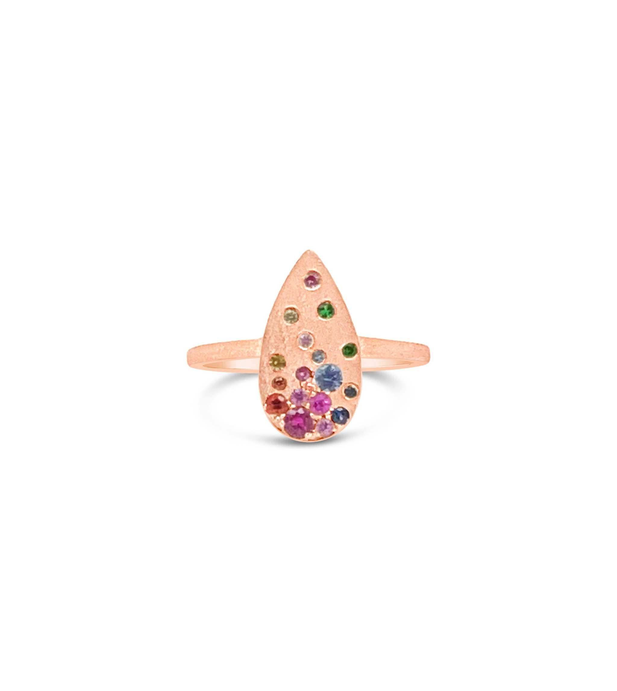 14K gold Sapphire Scattered Rainbow Pear Ring with flush-set rainbow sapphires and satin-brushed finish