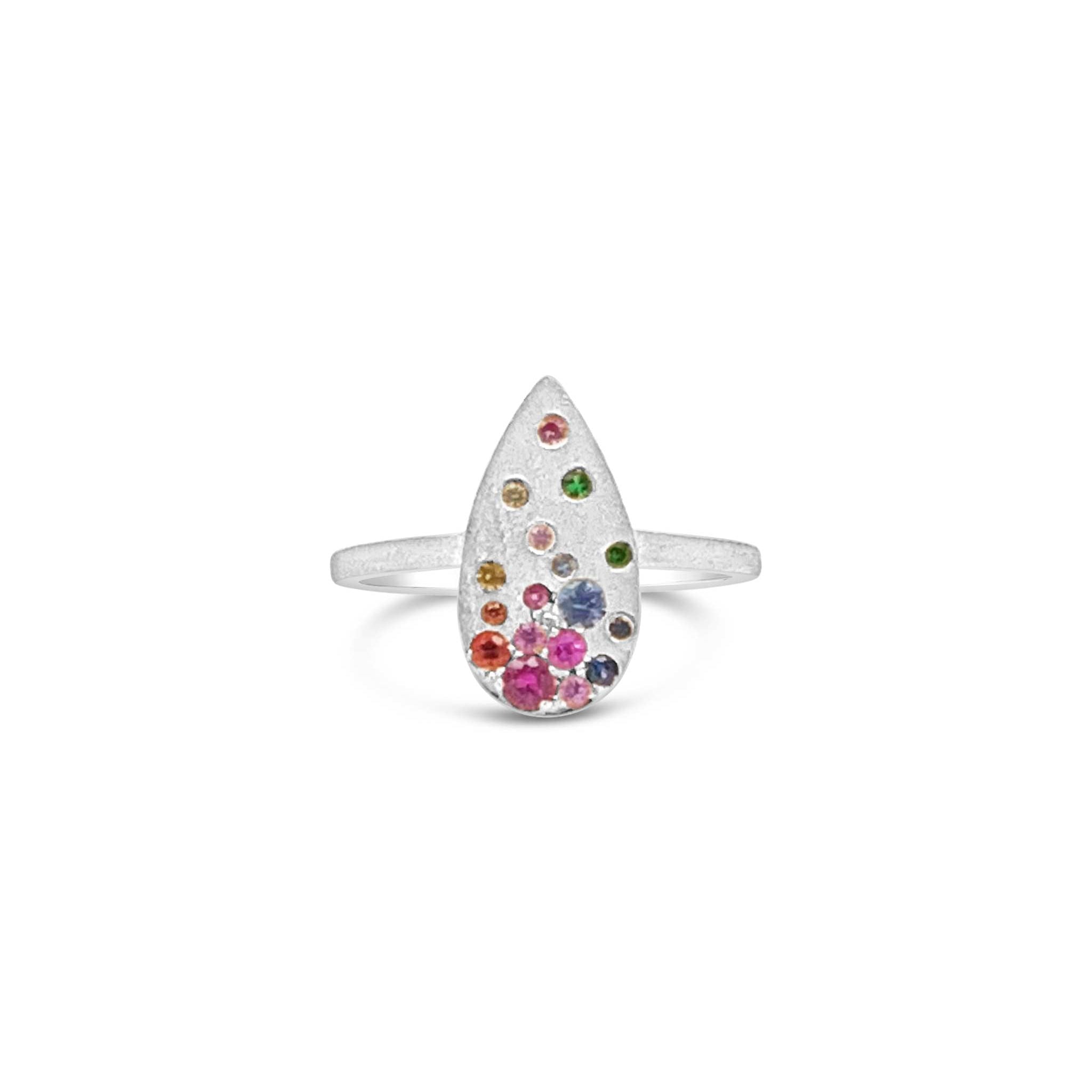 14K gold Sapphire Scattered Rainbow Pear Ring with flush-set multicolored sapphires and satin-brushed finish