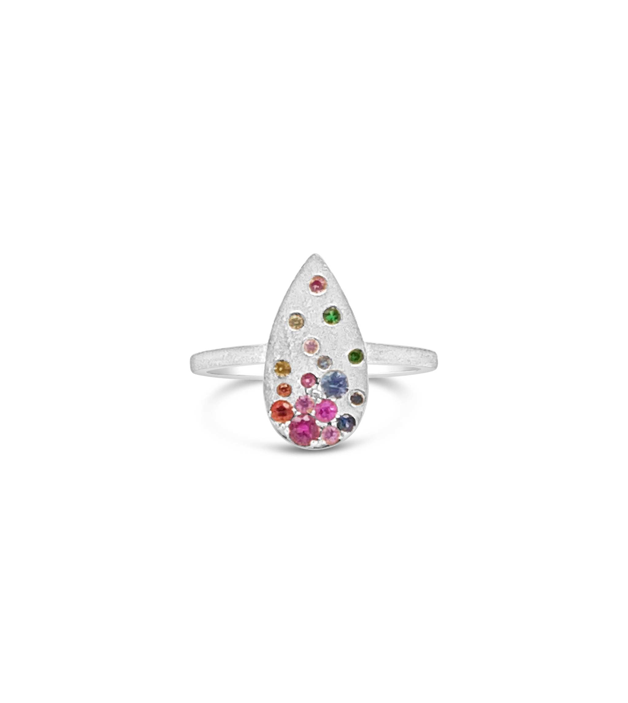 14K gold Sapphire Scattered Rainbow Pear Ring with flush-set multicolored sapphires and satin-brushed finish