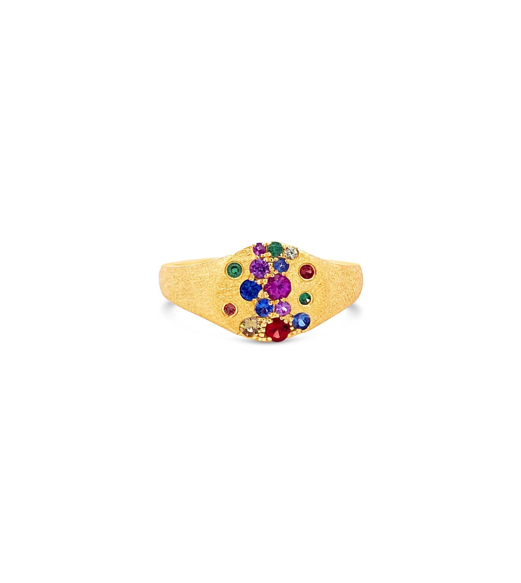 14K gold pinky signet ring with scattered rainbow sapphires and satin brushed finish