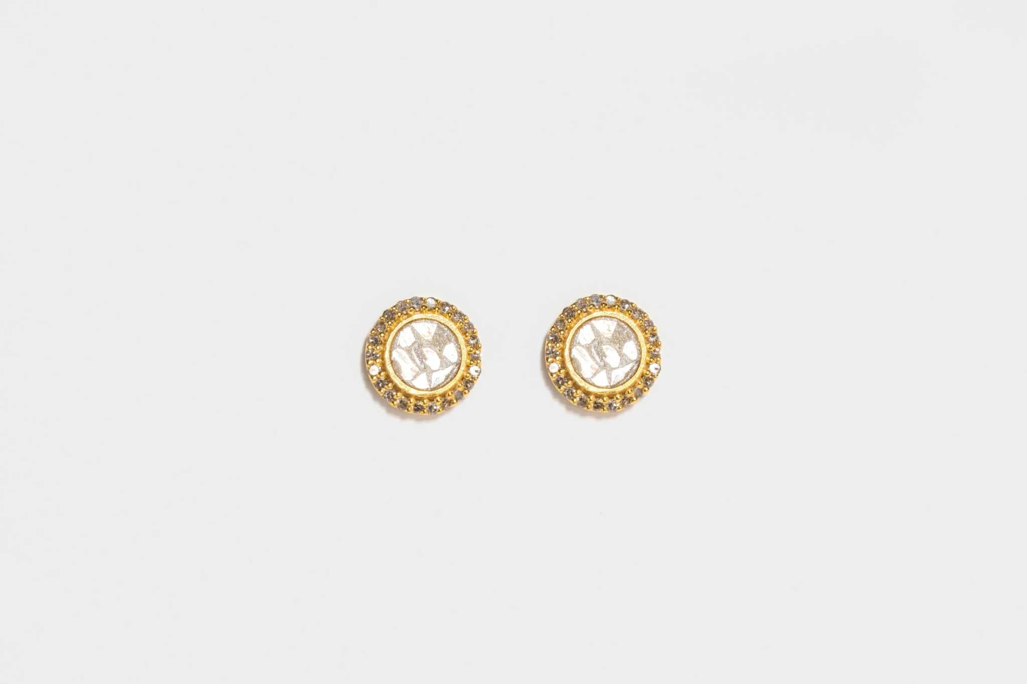 Alex Gold Vermeil stud earrings with uncut diamonds and pave champagne diamond accents in a concentric design