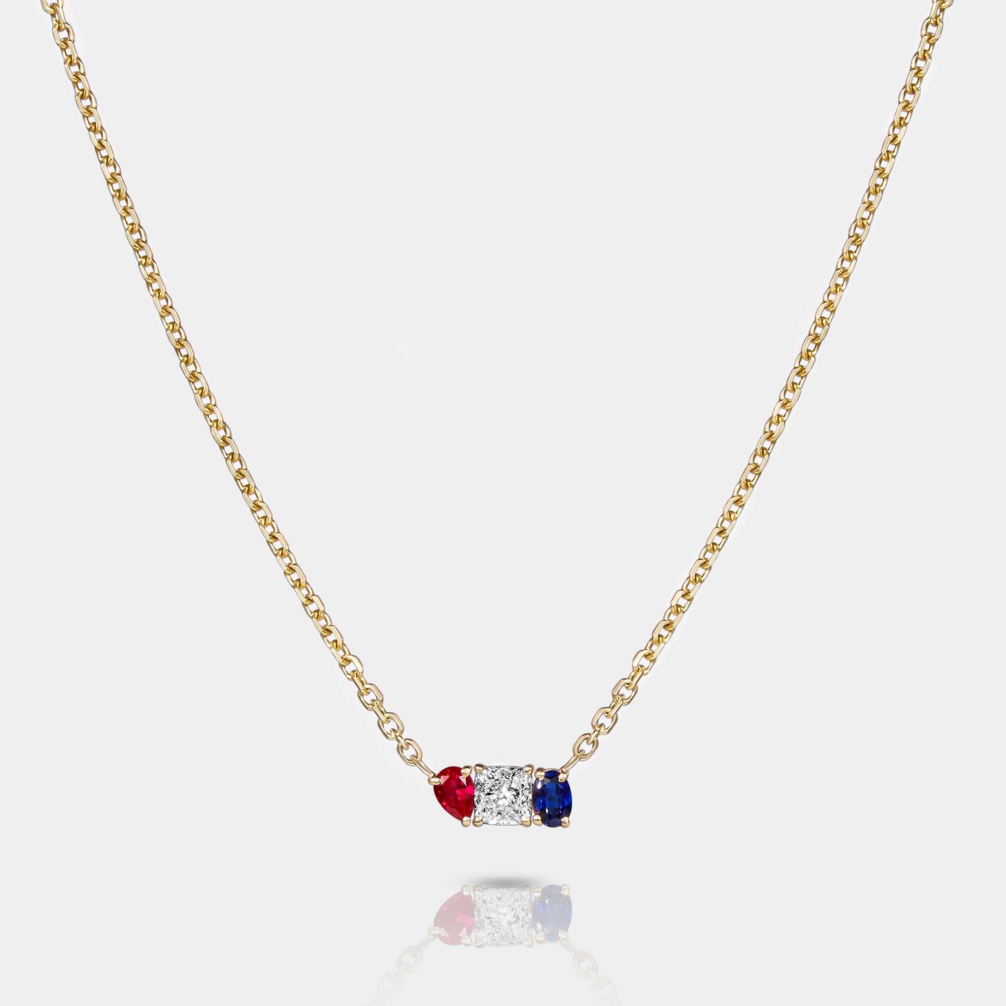 Americana Tri-Color Necklace featuring lab-grown ruby, diamond, and sapphire bezel-set on a 14k gold chain