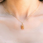 Bird Cage Mexican Fire Opal Necklace Pendant in 14K yellow gold worn on neck