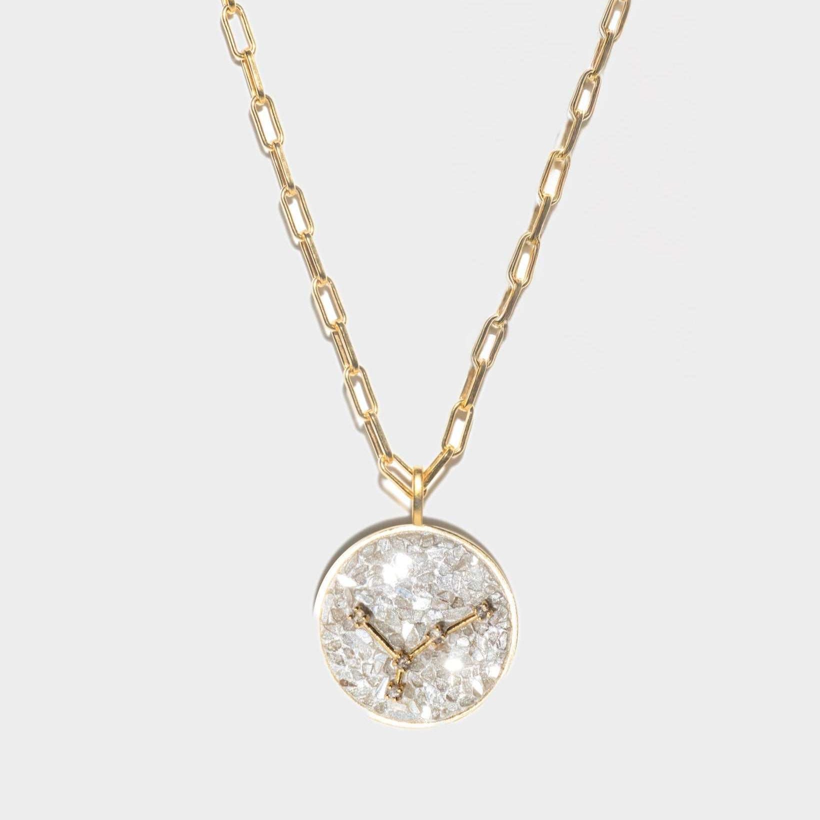 Cancer Gold Vermeil Pendant necklace featuring uncut raw diamonds and 18k gold vermeil on a chain with a circular zodiac Cancer symbol pendant