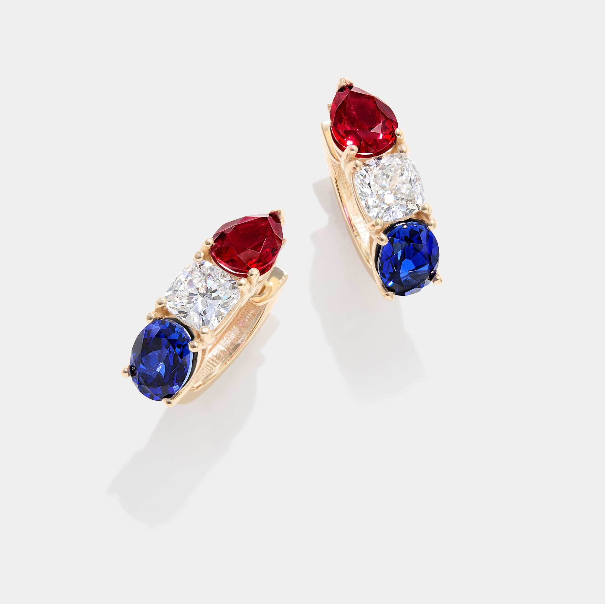 Americana Signature Hoop Earrings with pear-shaped ruby, cushion-cut diamond, and oval sapphire in 14k gold