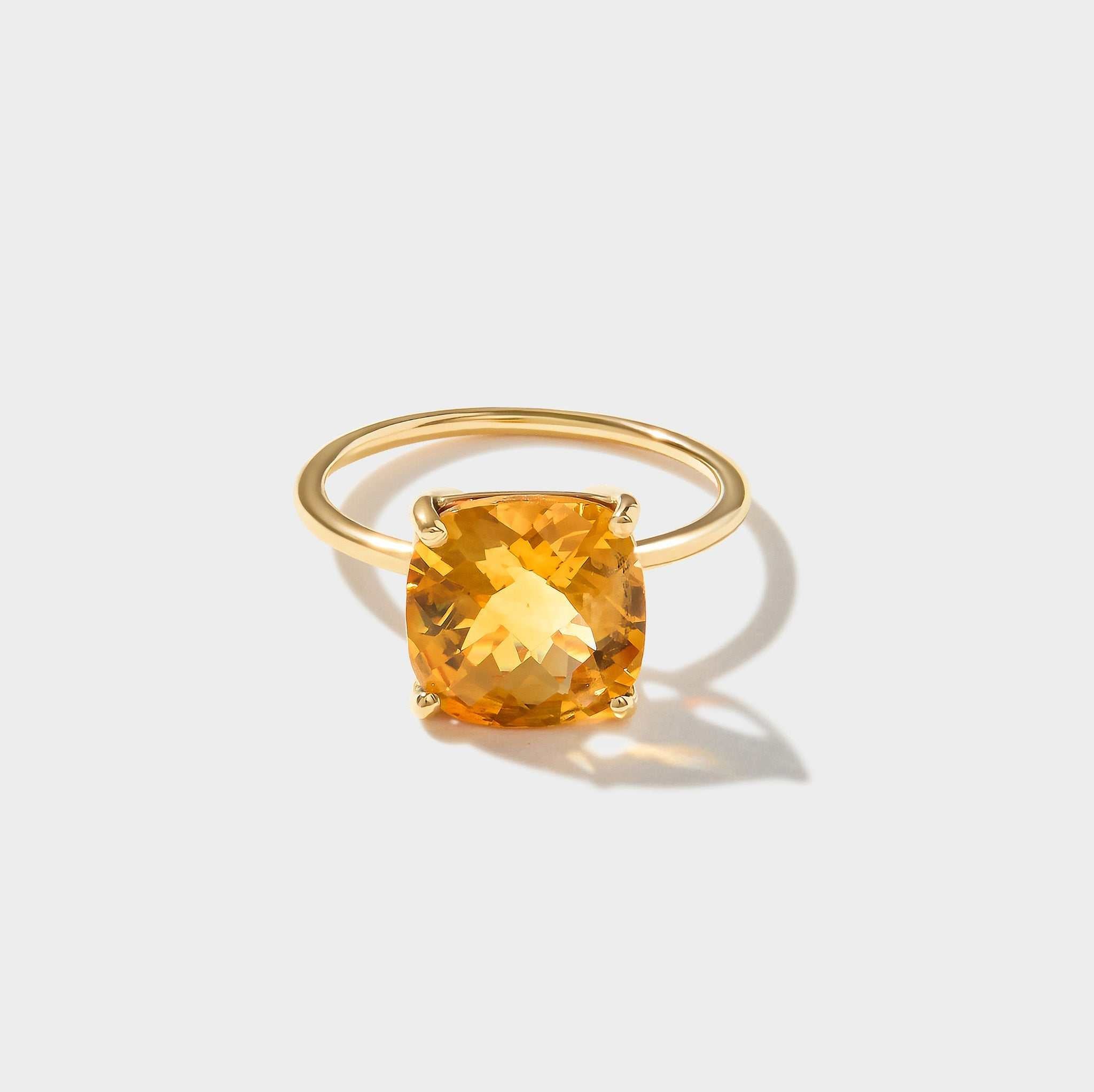 Rhode Island Citrine 14k gold ring with 10x10mm cushion-cut AAA citrine gemstone in polished bezel setting