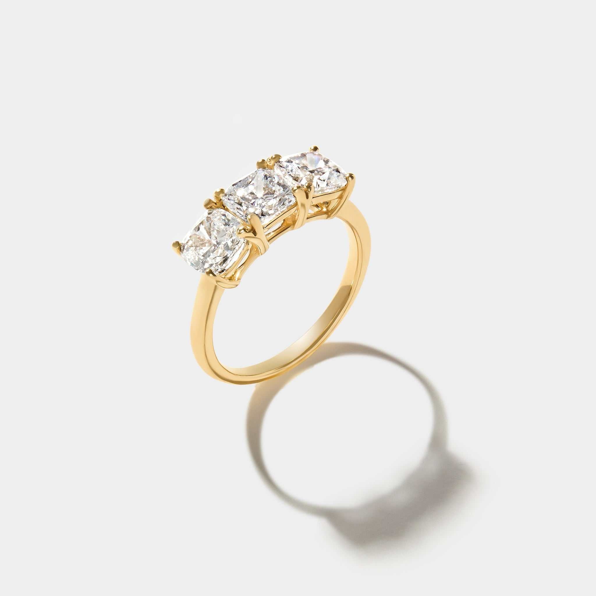 Beacon 3-stone diamond ring in 14k yellow gold with cushion-cut lab-grown diamonds