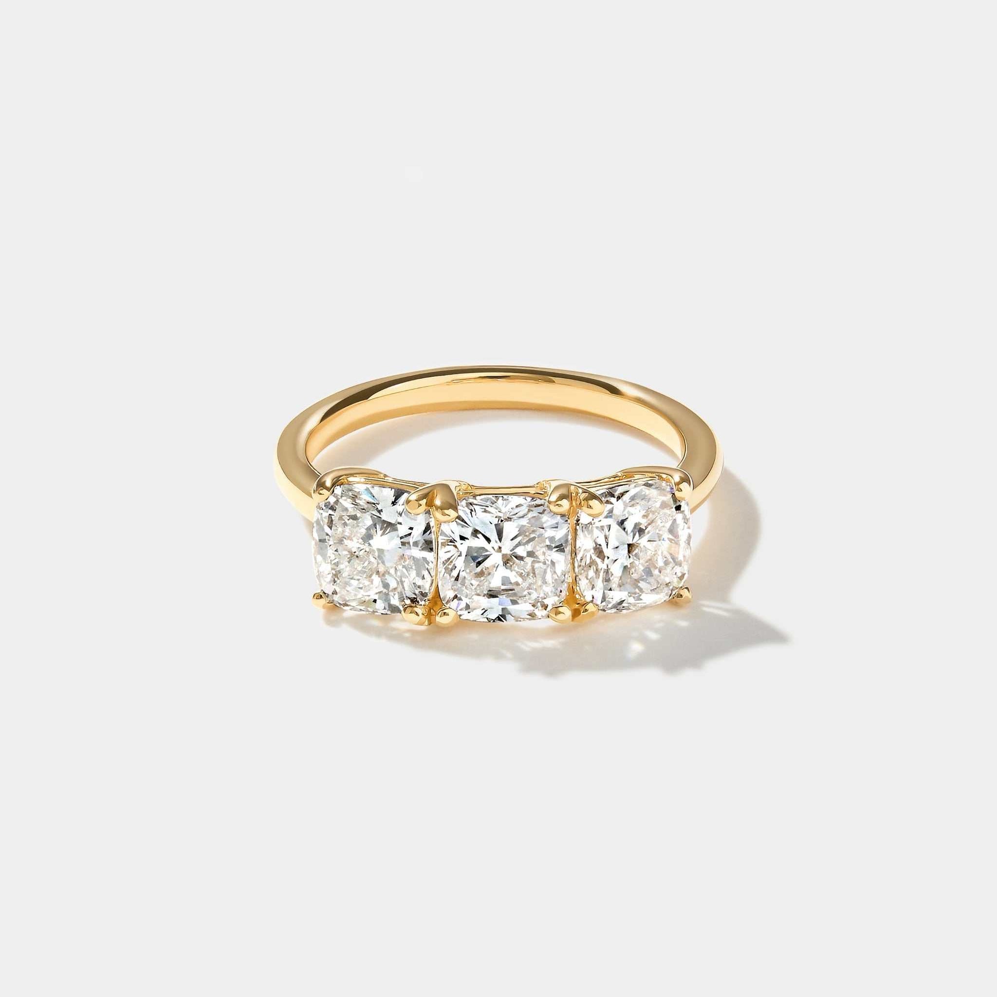 Beacon 3-stone cushion-cut lab-grown diamond ring set in 14k yellow gold with a low profile design
