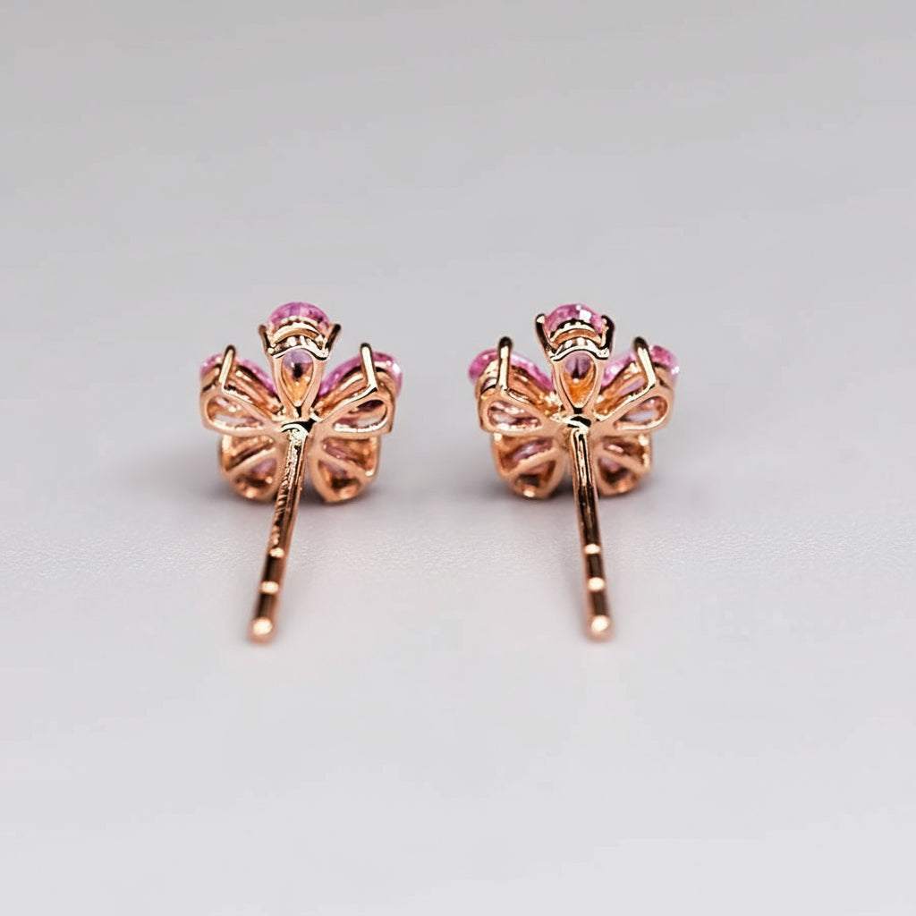 Pink sapphire diamond cherry blossom stud earrings in 14K rose gold