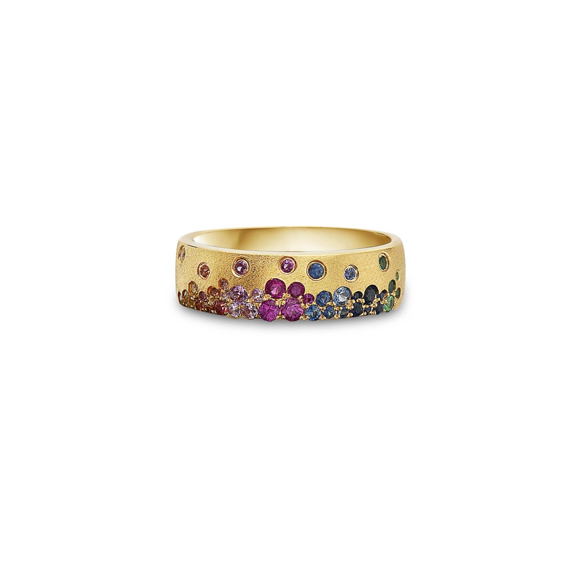 14K gold Sapphire Scattered Rainbow mini cigar band with satin finish and colorful flush-set sapphires totaling 0.62 carats
