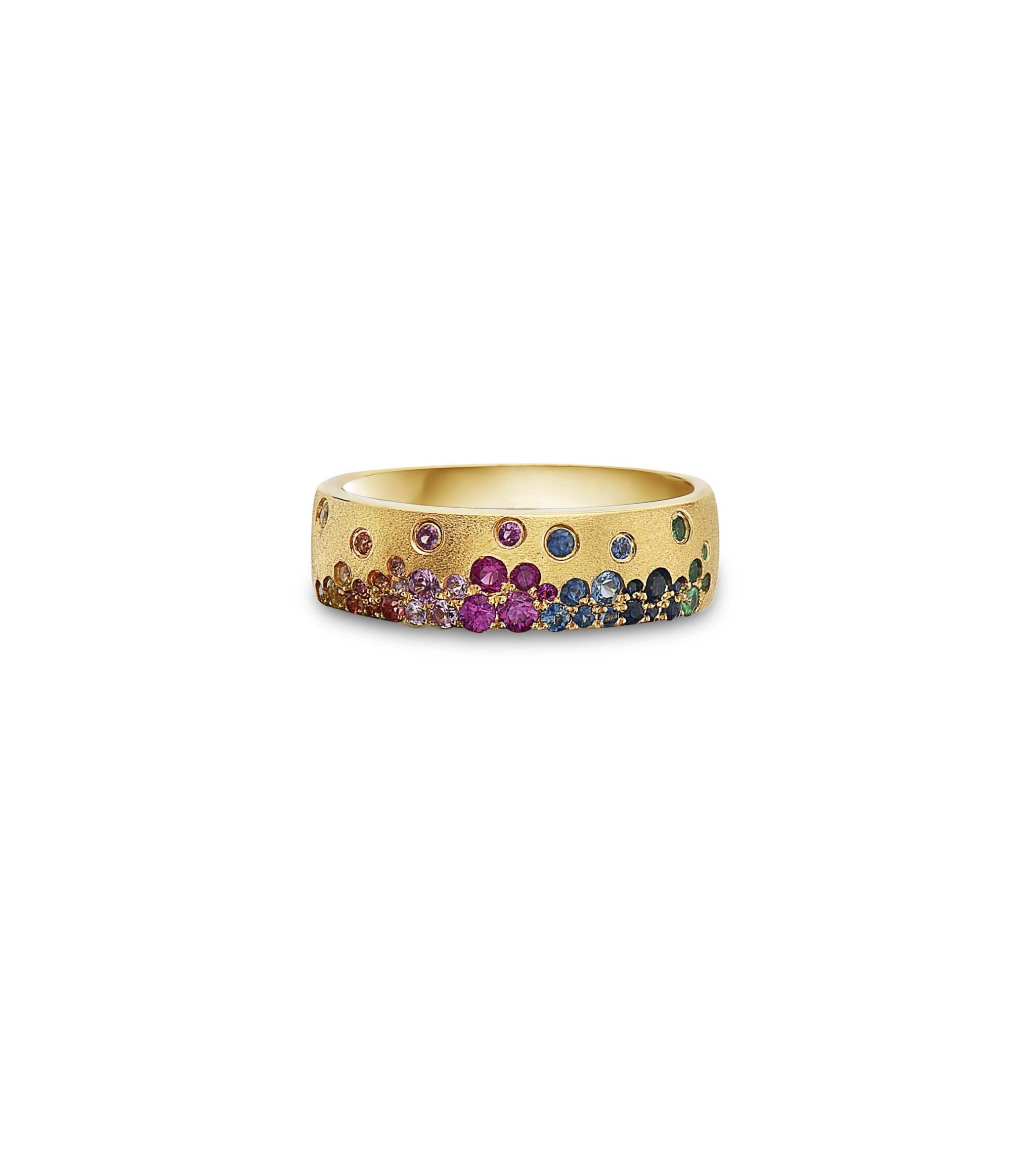 14K gold Sapphire Scattered Rainbow mini cigar band with satin finish and colorful flush-set sapphires totaling 0.62 carats