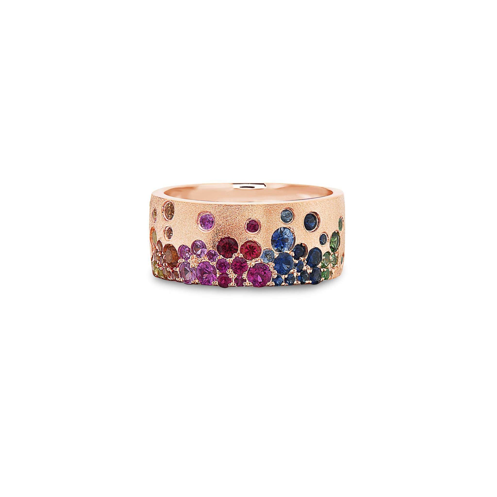 14K gold Sapphire Scattered Rainbow cuff band with multicolor sapphires and satin brushed finish