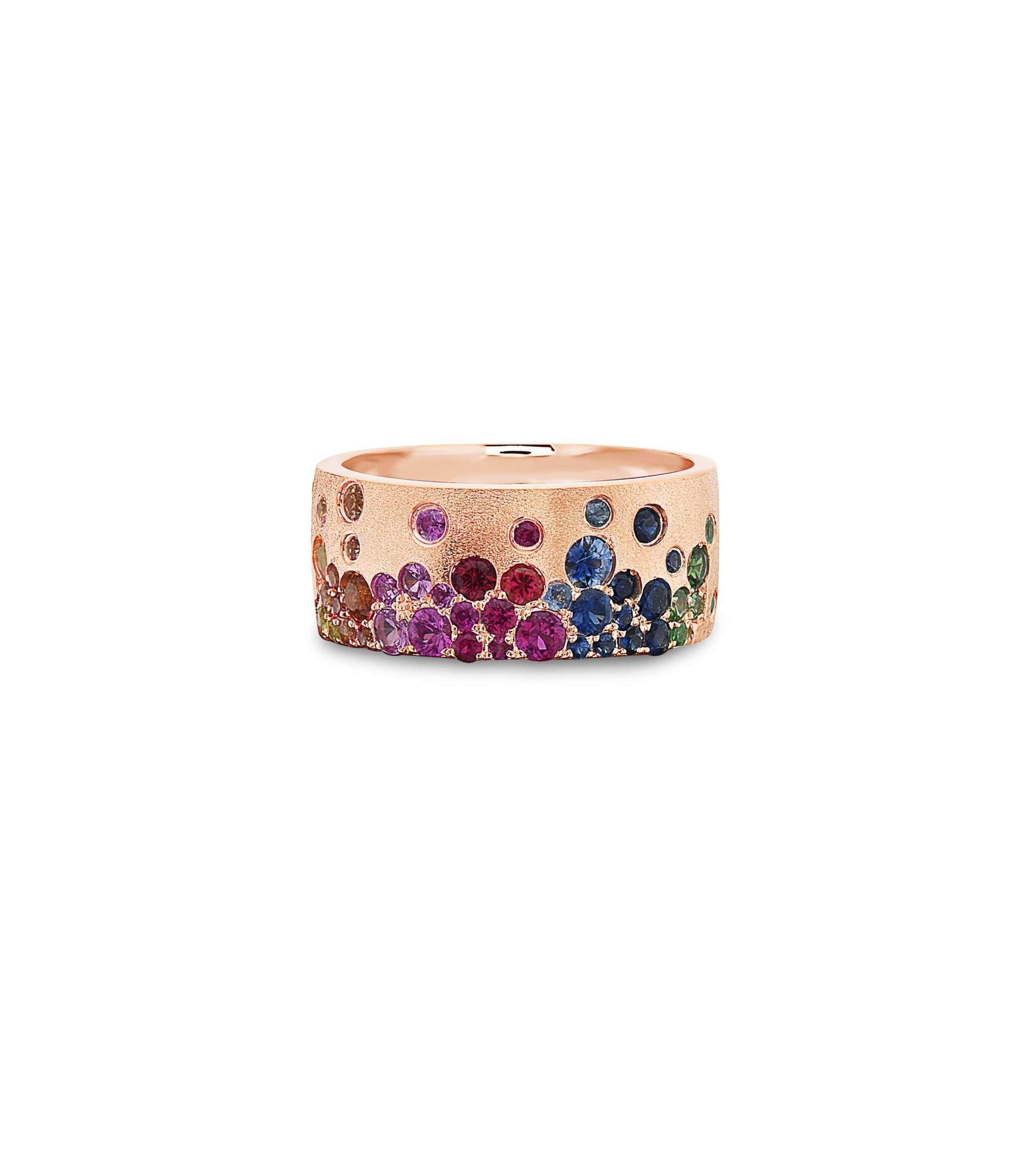 14K gold Sapphire Scattered Rainbow cuff band with multicolor sapphires and satin brushed finish