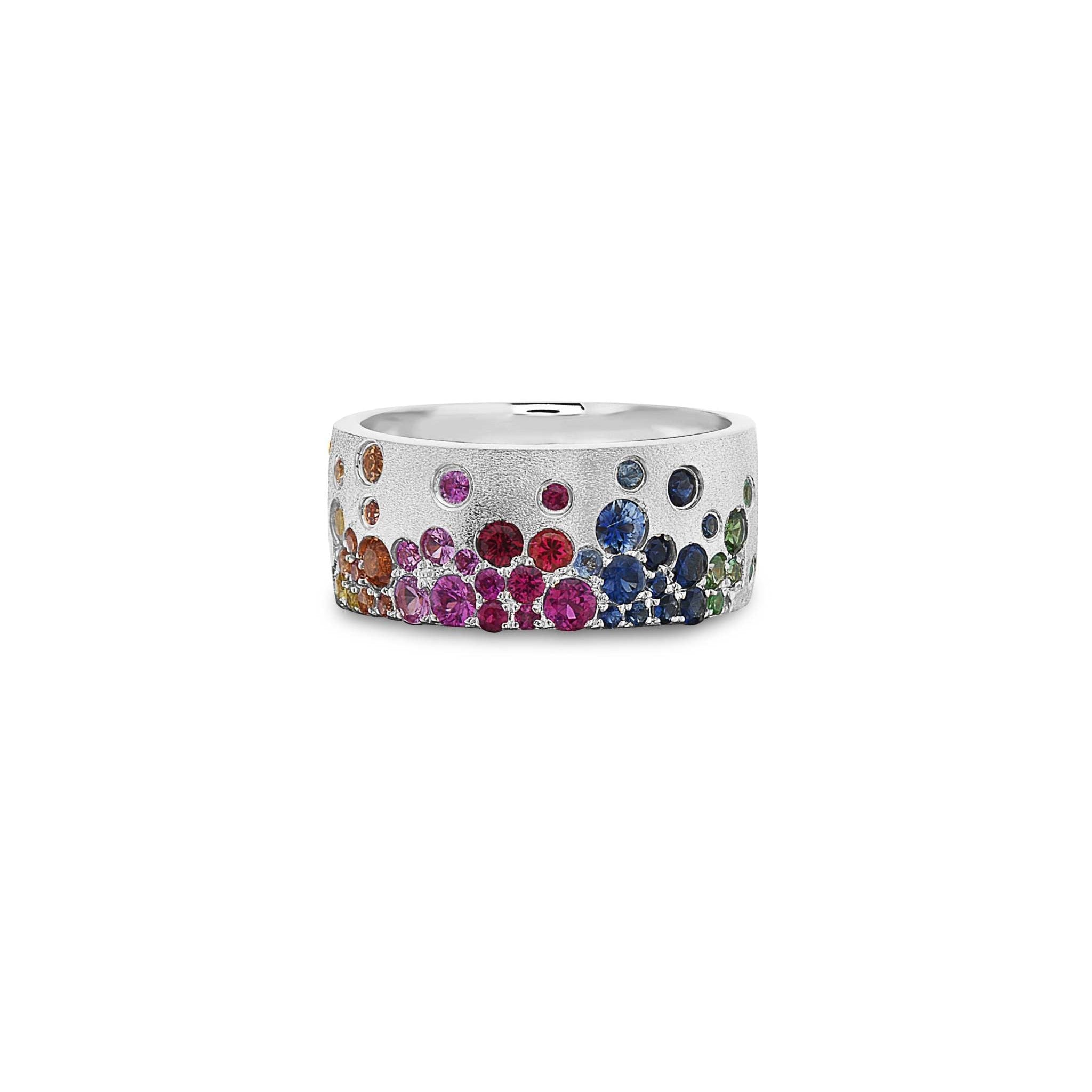 14K gold Sapphire Scattered Rainbow cigar band with 1.36 carats of colorful sapphires and satin-brushed finish
