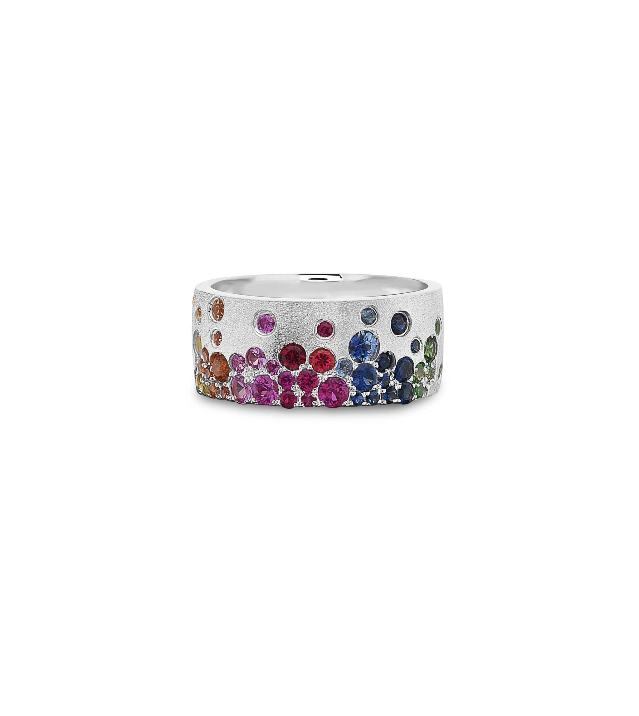 14K gold Sapphire Scattered Rainbow cigar band with 1.36 carats of colorful sapphires and satin-brushed finish