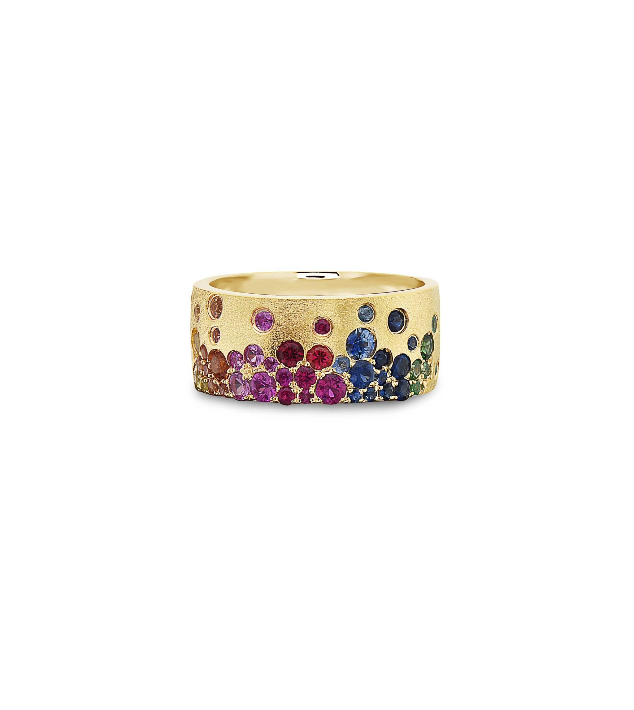 14K gold Sapphire Scattered Rainbow cigar band with 1.36 carats rainbow sapphires and satin-brushed finish