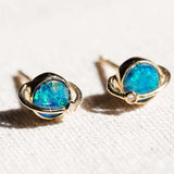 Earth Moon Australian Doublet Opal & Diamond Stud Earrings in 18K Yellow Gold