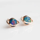 Earth Moon Australian Doublet Opal & Diamond Stud Earrings in 18K Yellow Gold