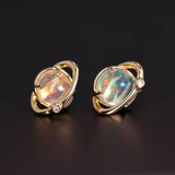 Earth Moon Fire Opal & Diamond Stud Earrings in 18K Yellow Gold