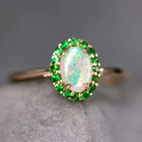 14K Yellow Gold Halo Ring with Australian Opal and Tsavorite