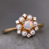 18K Yellow Gold Opal Ring with Pearls and Diamonds