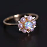 18K Yellow Gold Opal Ring with Pearls and Diamonds
