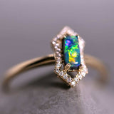 Ethereal Prism Halo Diamond Black Opal Ring in 18K Yellow Gold