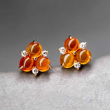 18K Gold Mexican Fire Opal Diamond Trio Stud Earrings