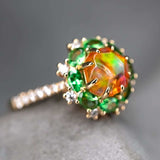 Fire Opal Tsavorite Diamond Ring in 18K Yellow Gold