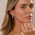 Cairn 3 carat diamond inside outside hoop earrings in 14k gold worn by woman