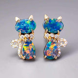 Kitty Cat Doublet Opal Diamond Stud Earrings in 18K Yellow Gold