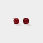 Boston Red Tide ruby cushion cut stud earrings in 14k yellow gold prong setting