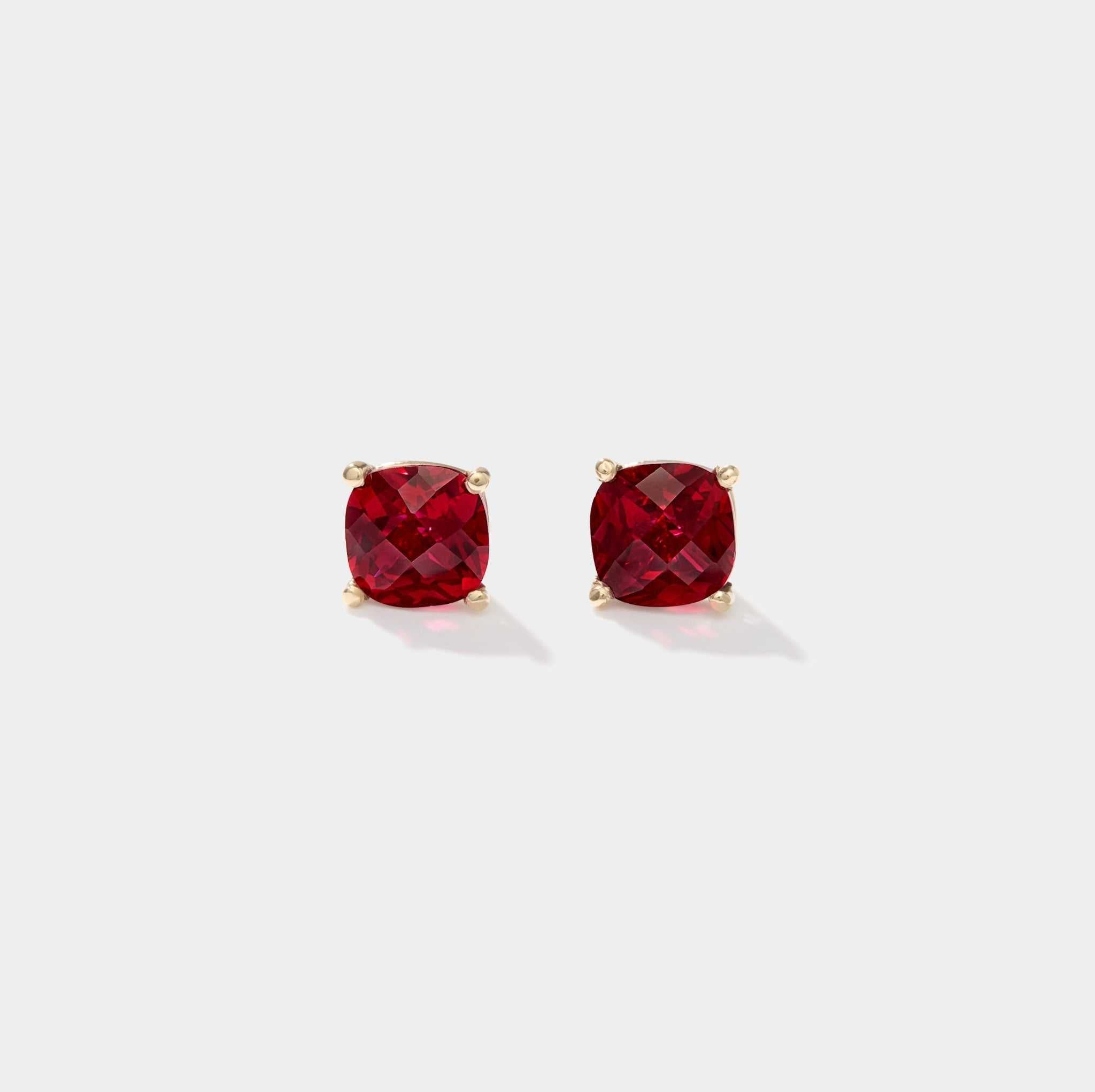 Boston Red Tide ruby cushion cut stud earrings in 14k yellow gold prong setting