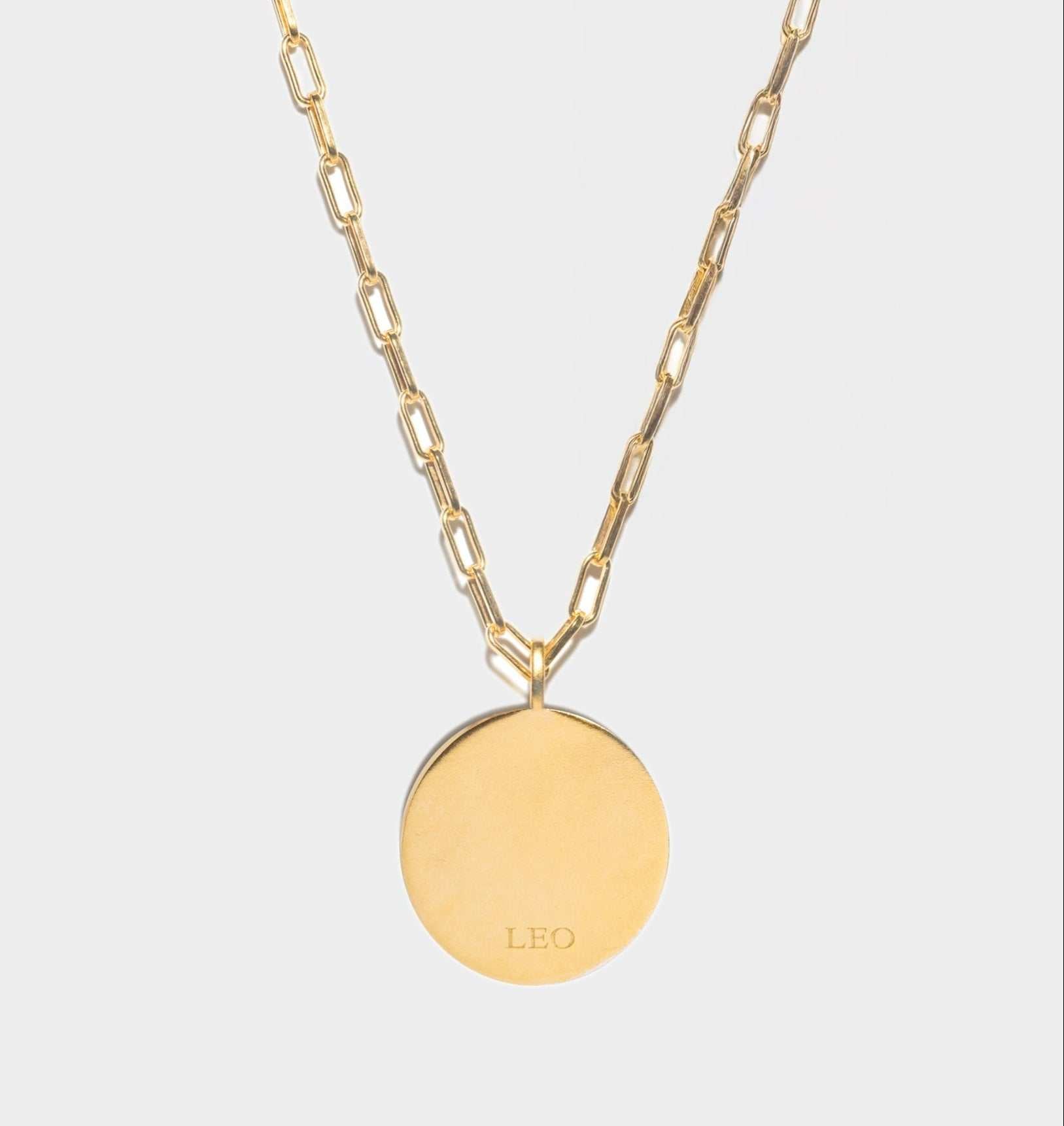 Leo Gold Vermeil Pendant necklace with circular engraved pendant on chain