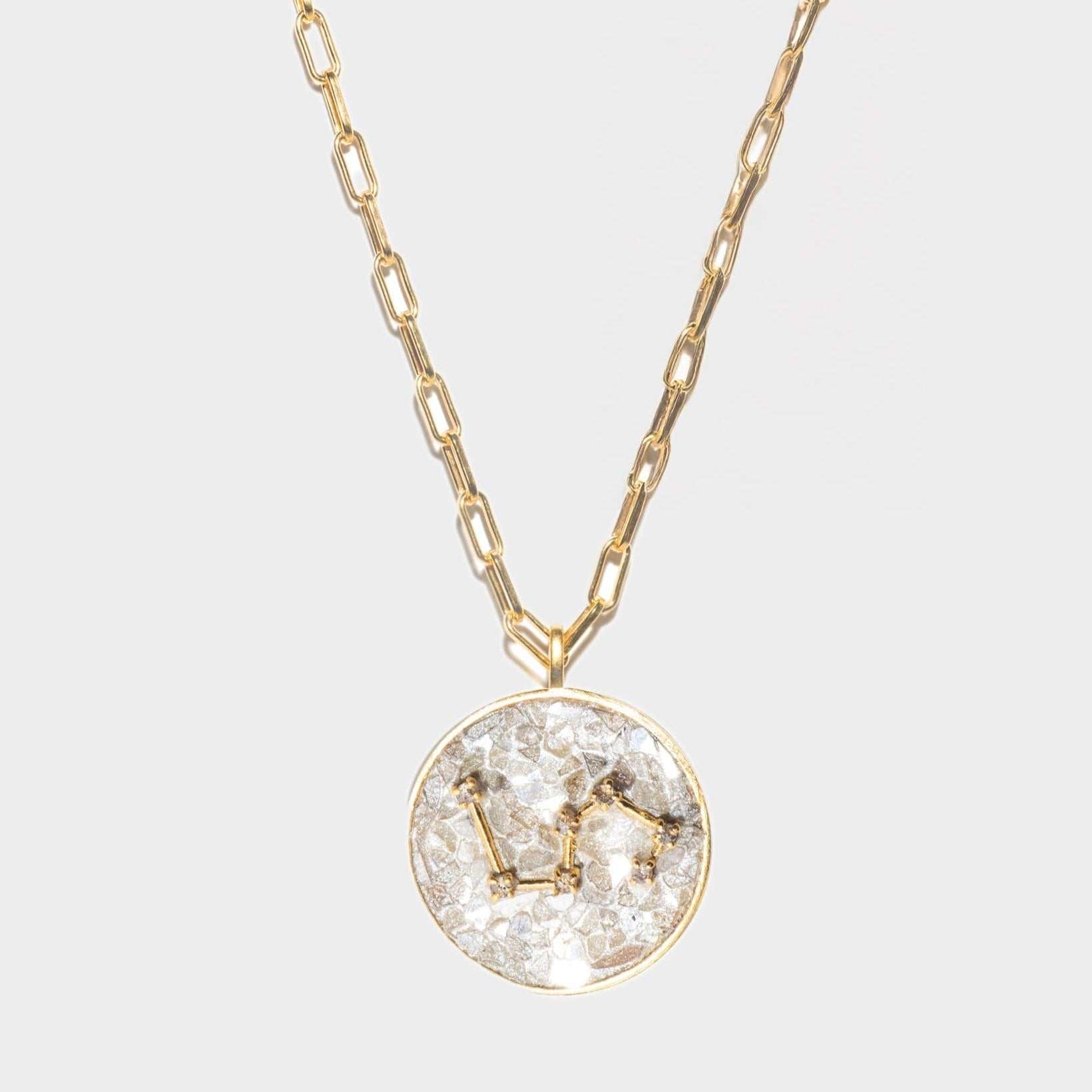 Leo Gold Vermeil Pendant necklace with uncut raw diamonds and 18k gold chain showcasing Leo constellation design