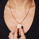 Libra Gold Vermeil pendant necklace with raw diamonds and 18k gold chain worn on neck