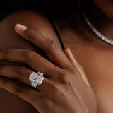 14K white gold engagement ring with 10.05-carat radiant-cut diamond and trapezoid side stones