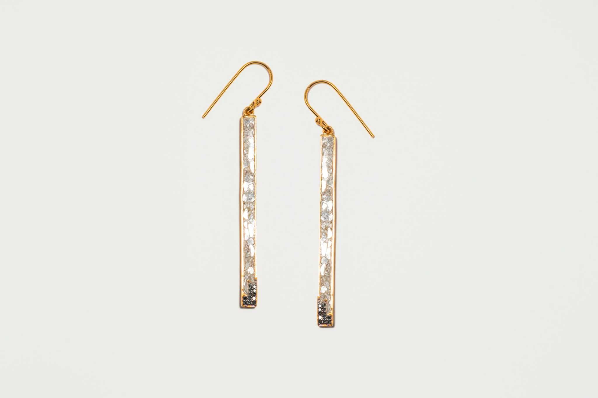 Pair of Madeline Gold Vermeil long dangling earrings with raw sliced diamonds and pave diamond accents