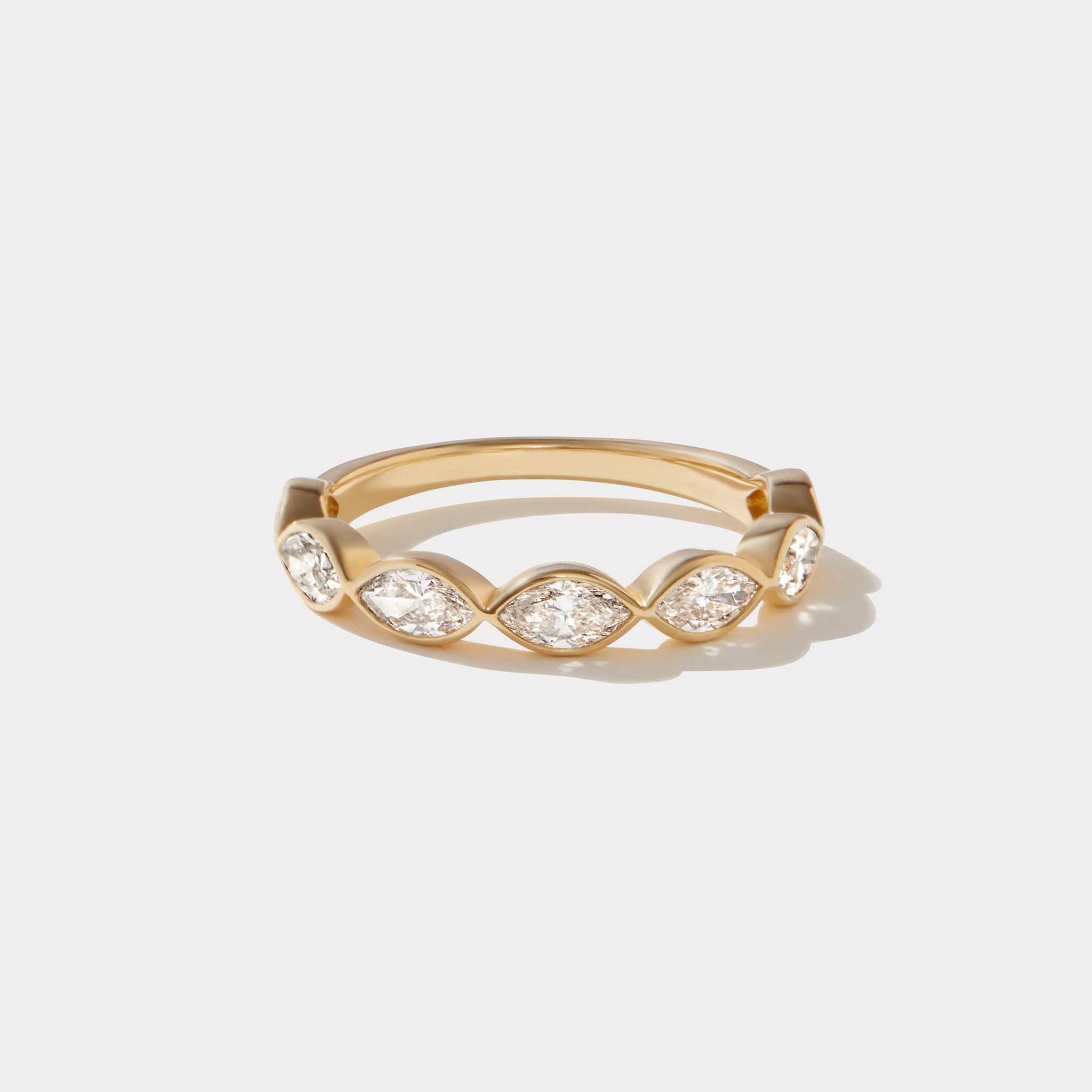 14k gold Sankaty Bezel Ring with marquise lab-grown diamonds in a half eternity bezel setting