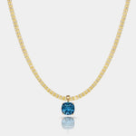 14k gold Horizon Necklace with AAA London Blue Topaz pendant on tidal tennis chain