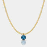 14k gold Horizon Necklace with AAA London Blue Topaz pendant on tidal tennis chain