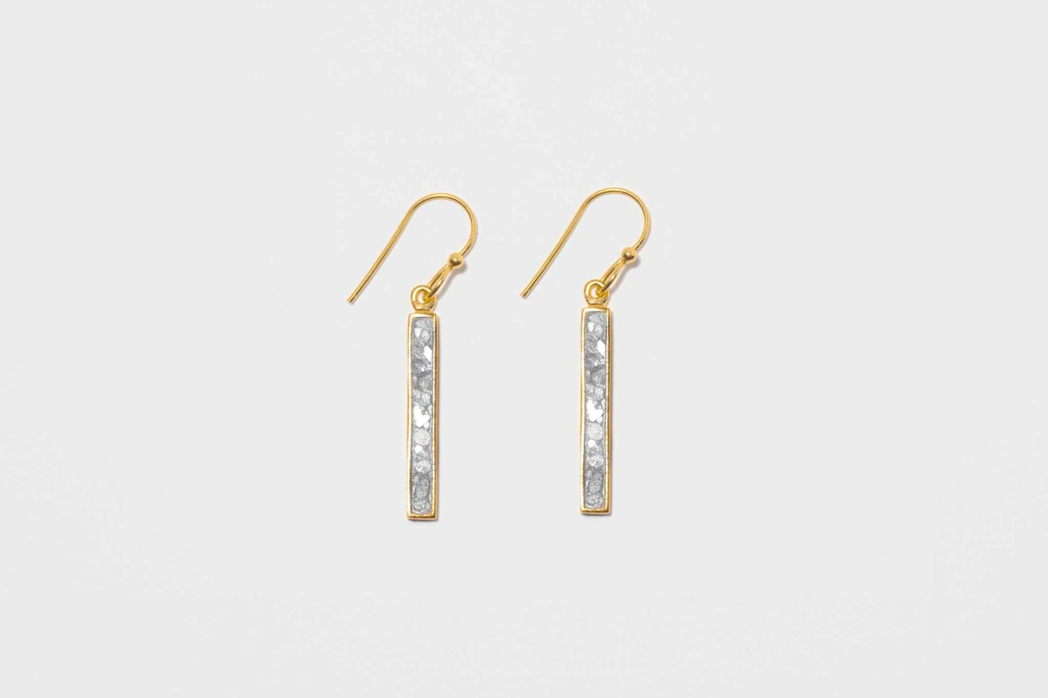 Miladi small gold vermeil earrings with long rectangular raw uncut diamonds and 18k gold hooks.