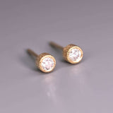 Milgrain Finish Natural Diamond Bezel Stud Earrings in 18K Yellow Gold