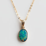 Minimalist Oval Natural Australian Doublet Opal Pendant Necklace in 14k Yellow Gold